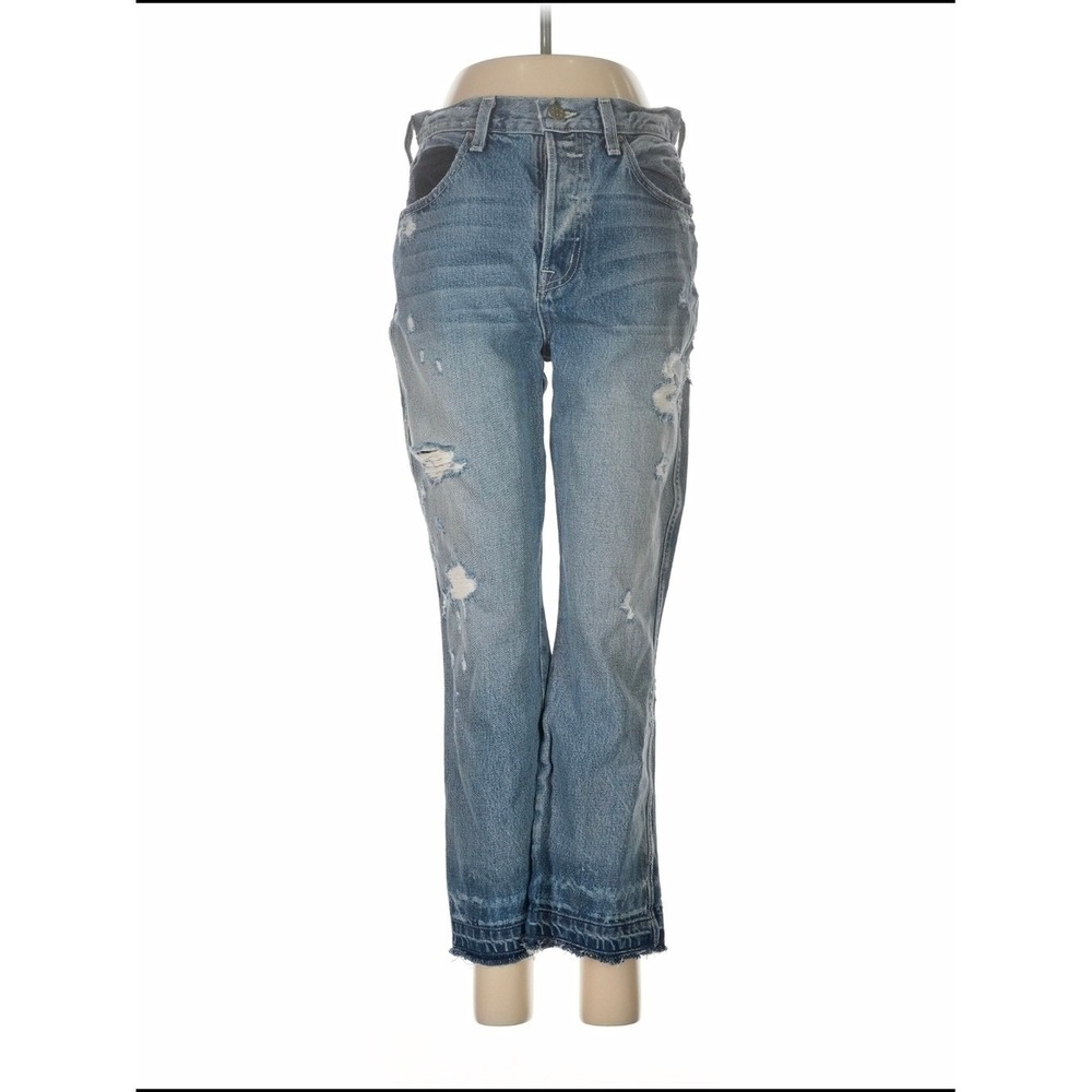 AYR The Pop Jeans Crop 28 High Rise Distressed Patchwork Edgy Designer Button